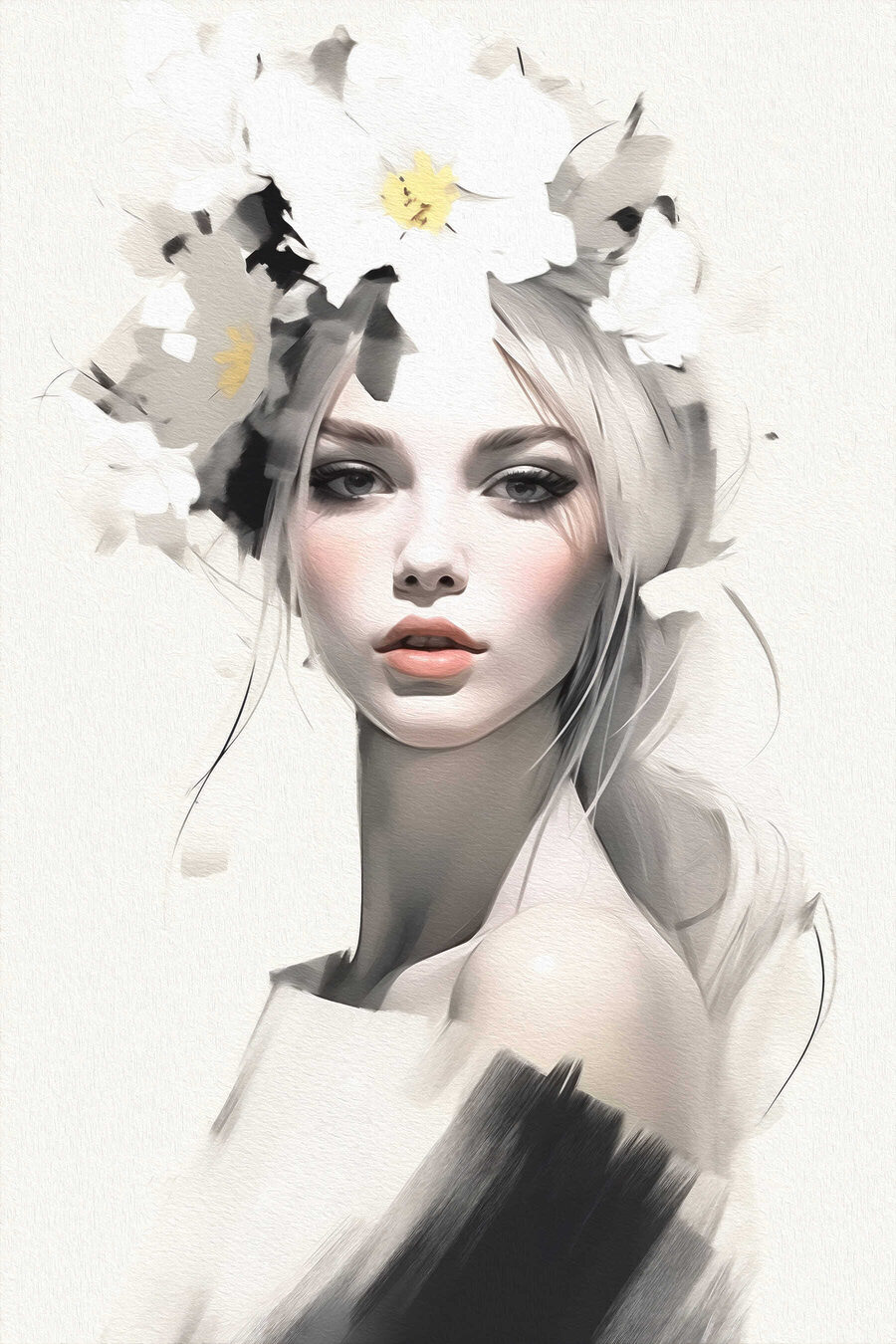 Retrato sob flores brancas — design completo