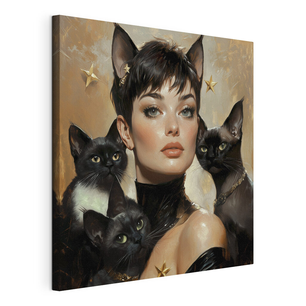 Retrato com gatos pretos, tela esticada e borda contínua