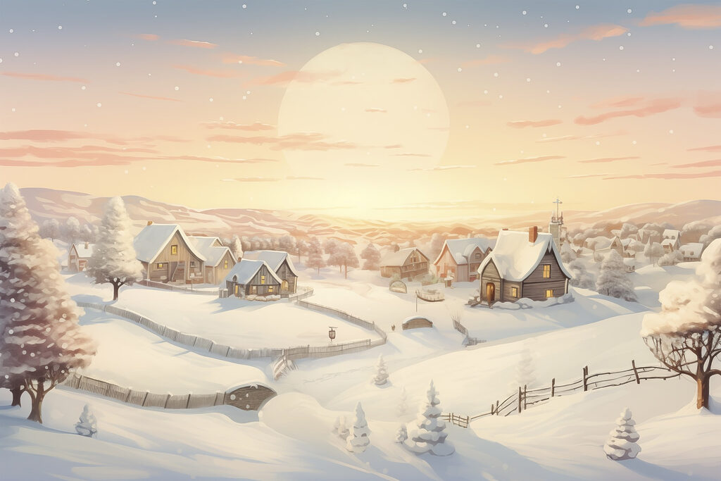 Aldeia nevada ao amanhecer — design completo