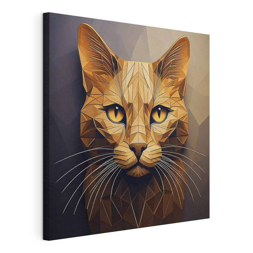 Gato em facetas douradas, tela esticada e borda contínua