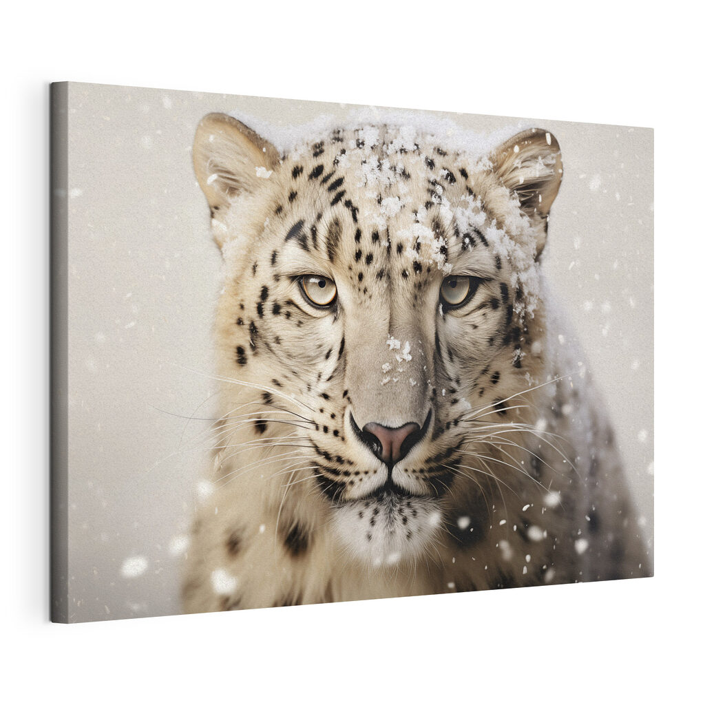 Leopardo-das-neves entre flocos, tela esticada e borda contínua
