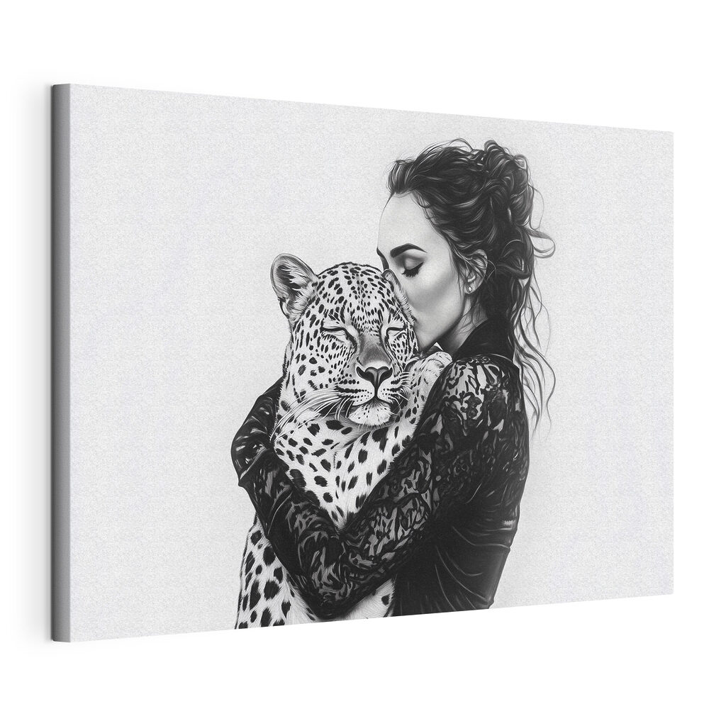 Abraço com um leopardo, tela esticada e borda contínua