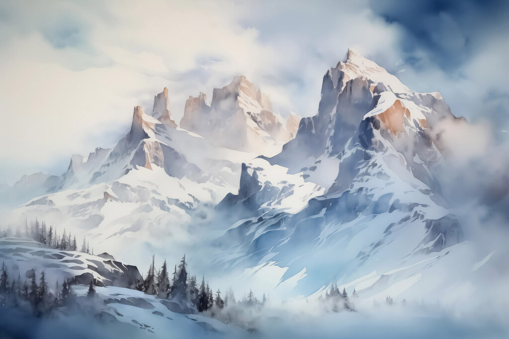 Picos nevados sob nuvens — design completo