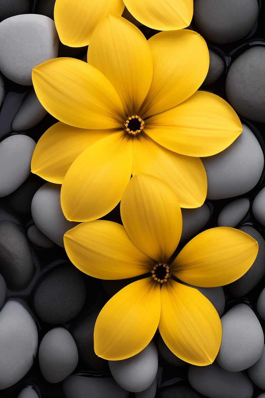 Flores amarelas entre seixos — design completo