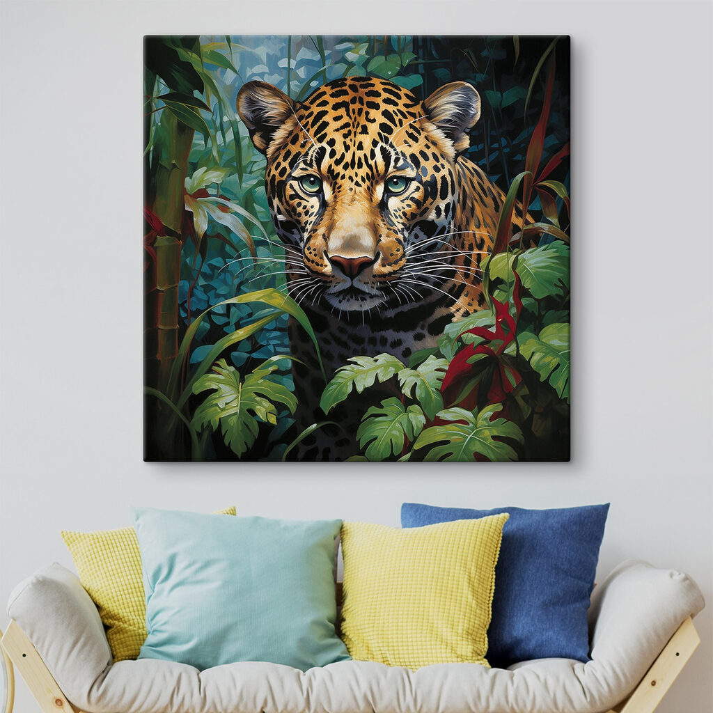 Olhar entre folhas tropicais num interior