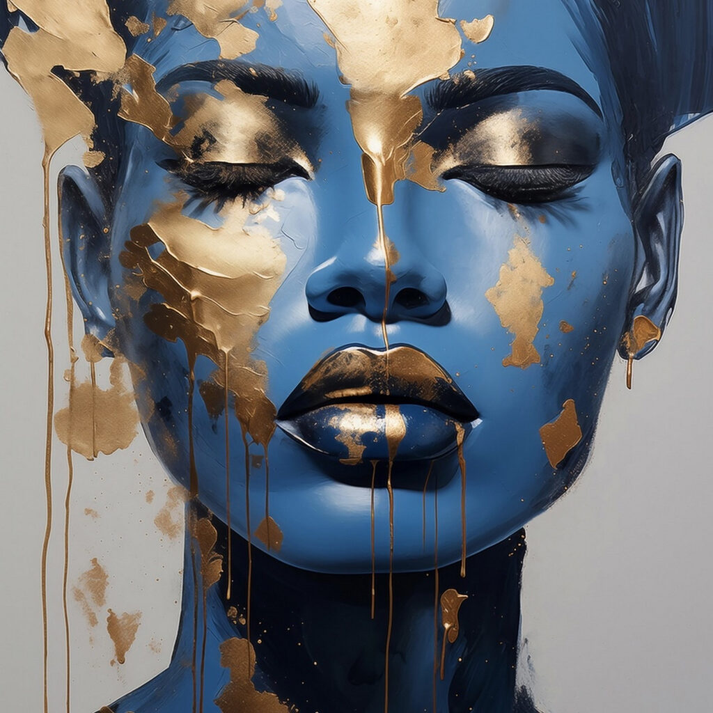 Retrato azul com dourado — design completo