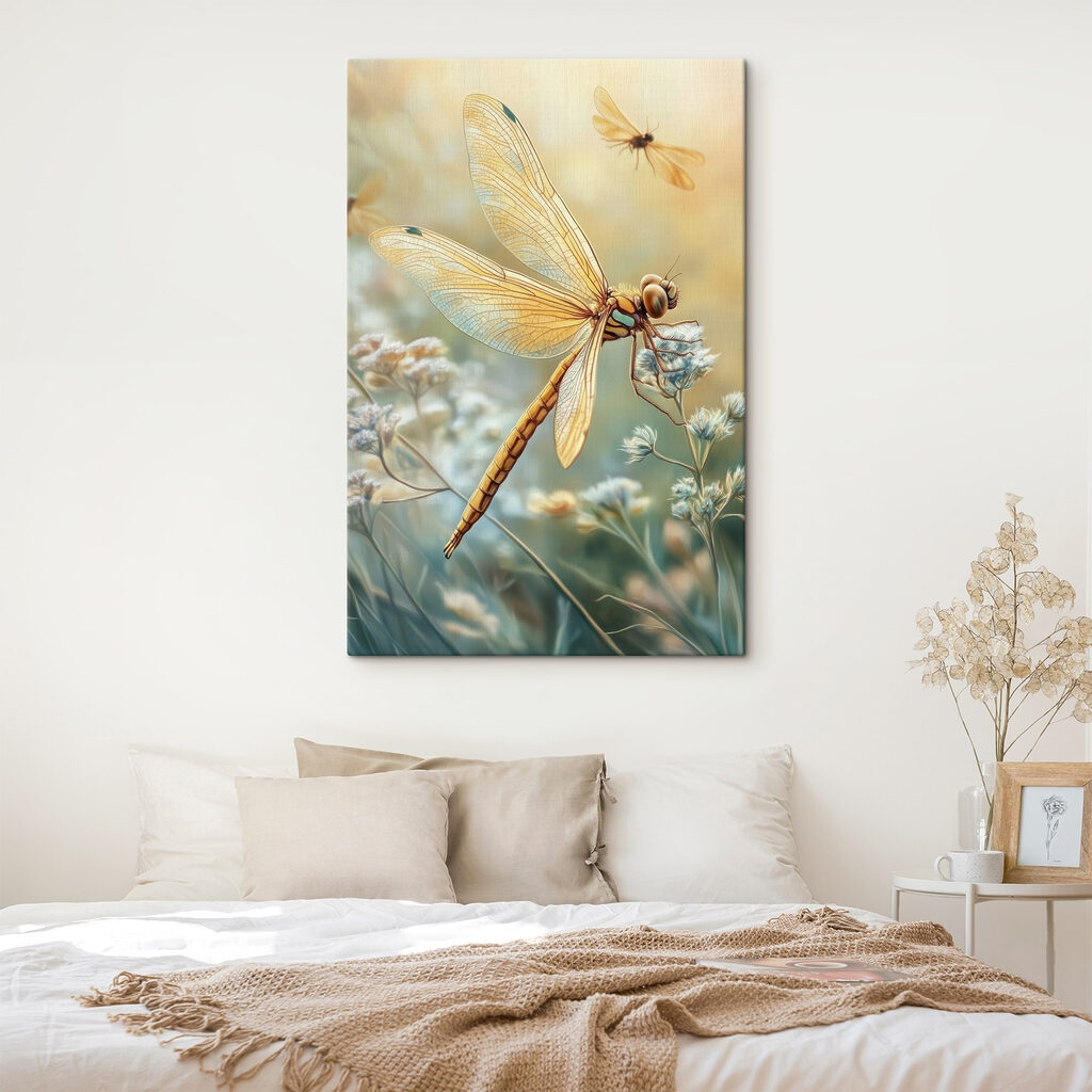 Libélula sobre flores claras — interior 2