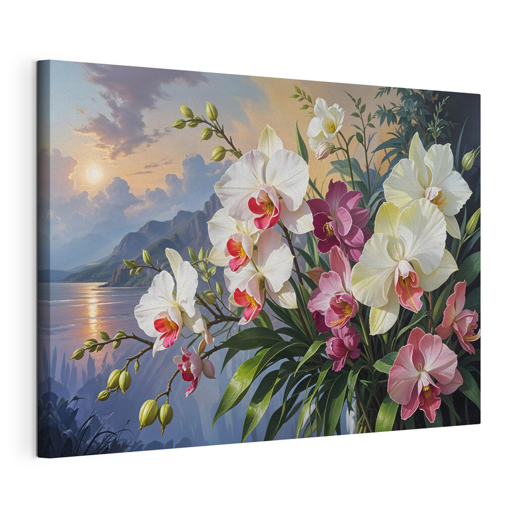 Orquídeas junto ao lago, tela esticada e borda contínua