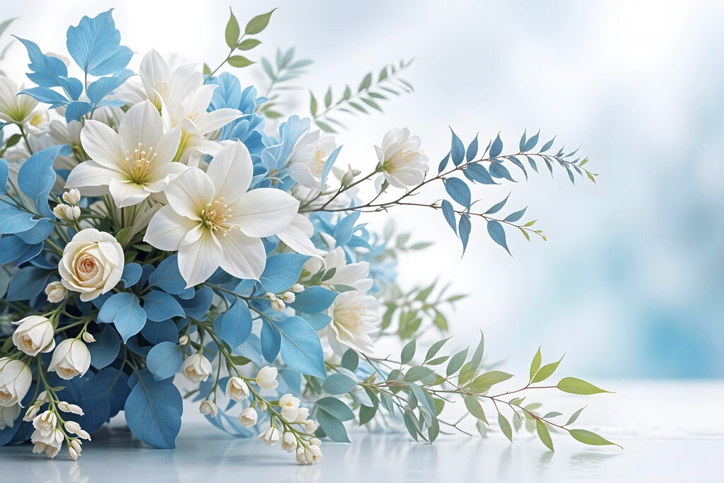 Flores brancas em verde-azulado — design completo