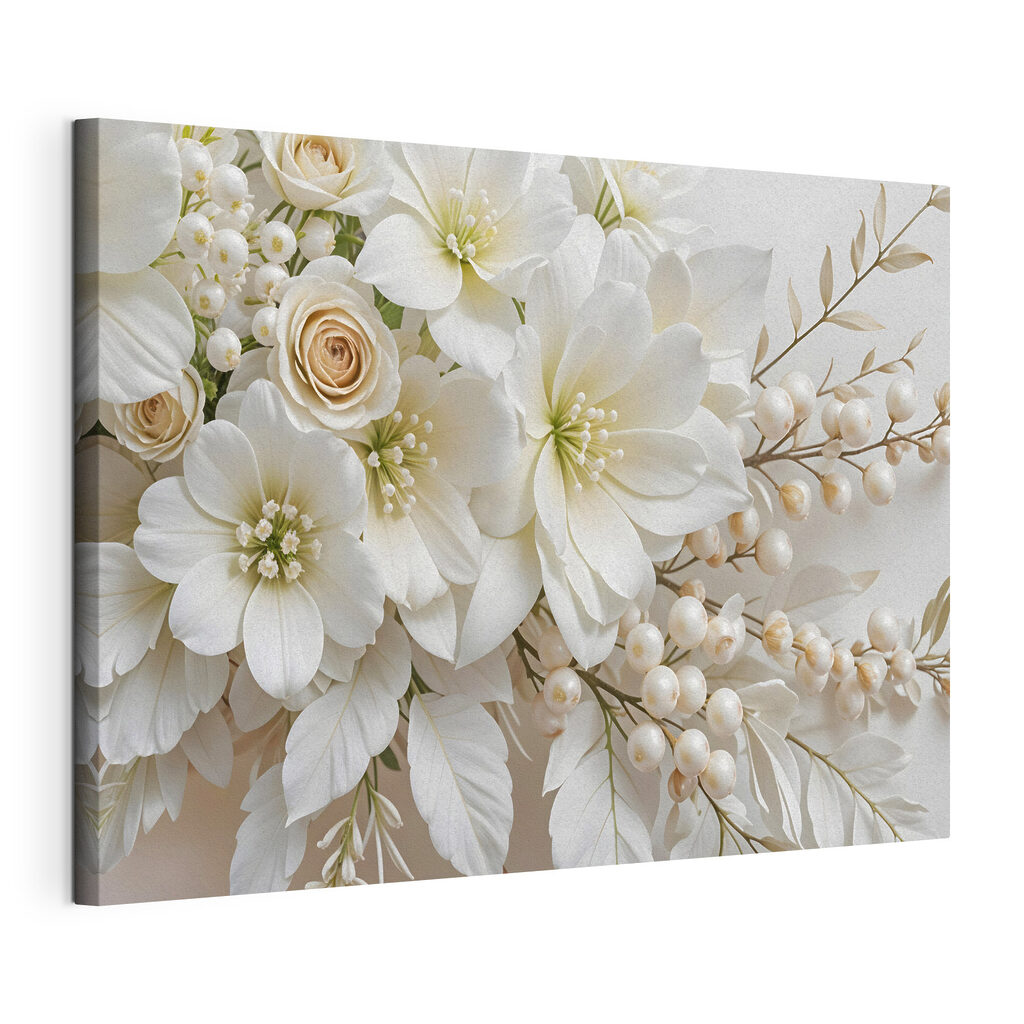Flores cor de marfim, tela esticada e borda contínua