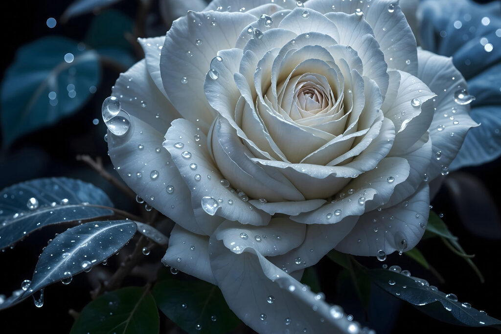 Rosa branca orvalhada — design completo