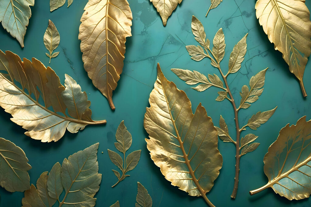 Folhas douradas em turquesa — design completo