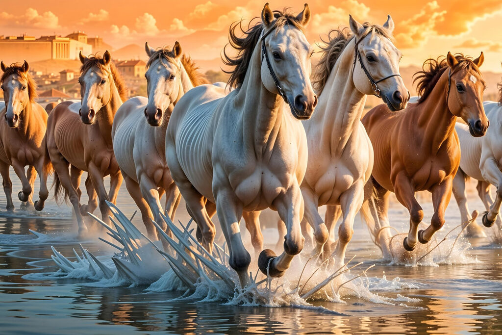 Cavalos na água dourada — design completo