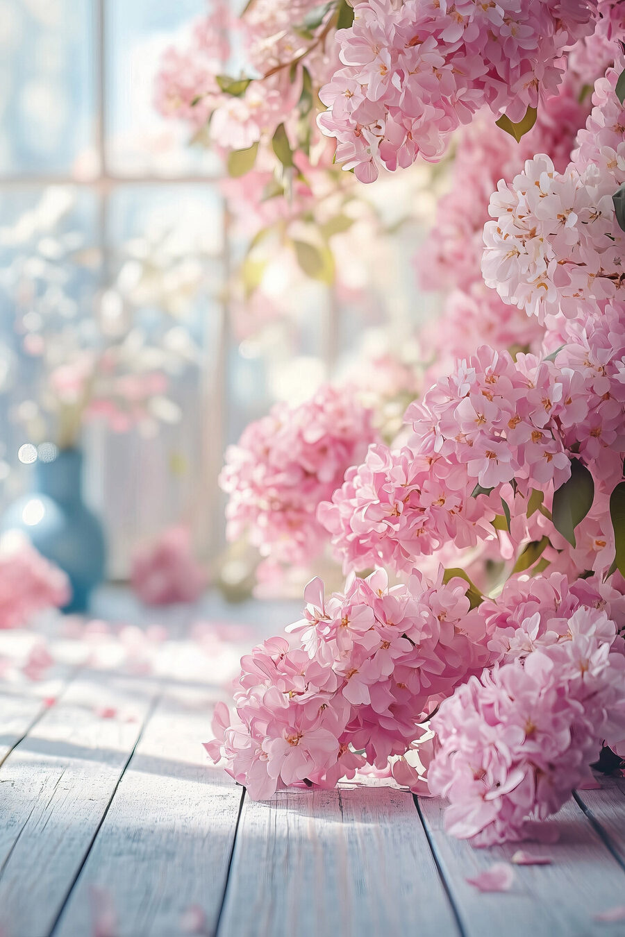 Hortênsias cor-de-rosa à janela — design completo