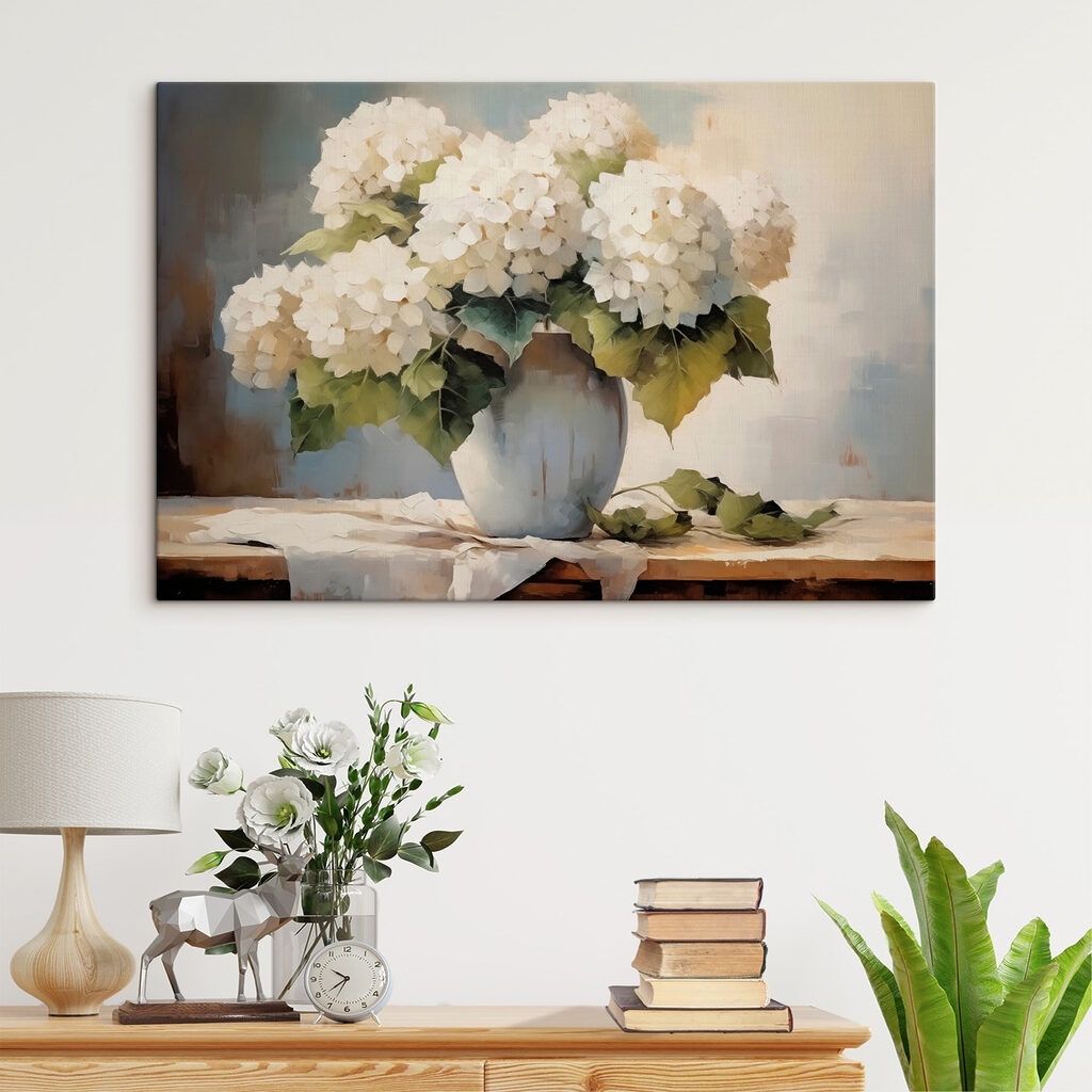 Hortênsias numa mesa clara — interior 3