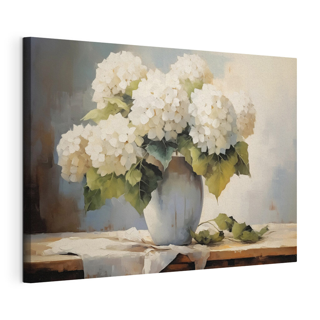 Hortênsias numa mesa clara, tela esticada e borda contínua