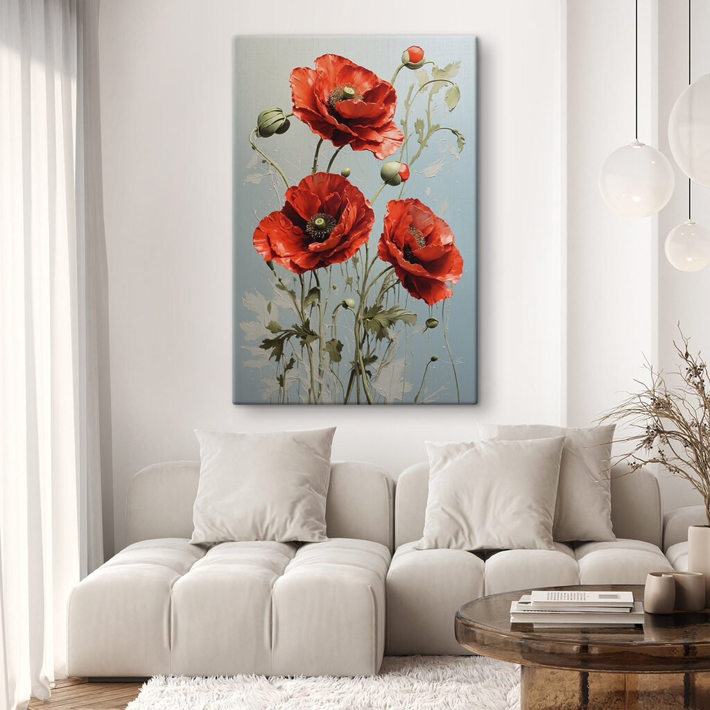 Três papoilas em vermelho num interior