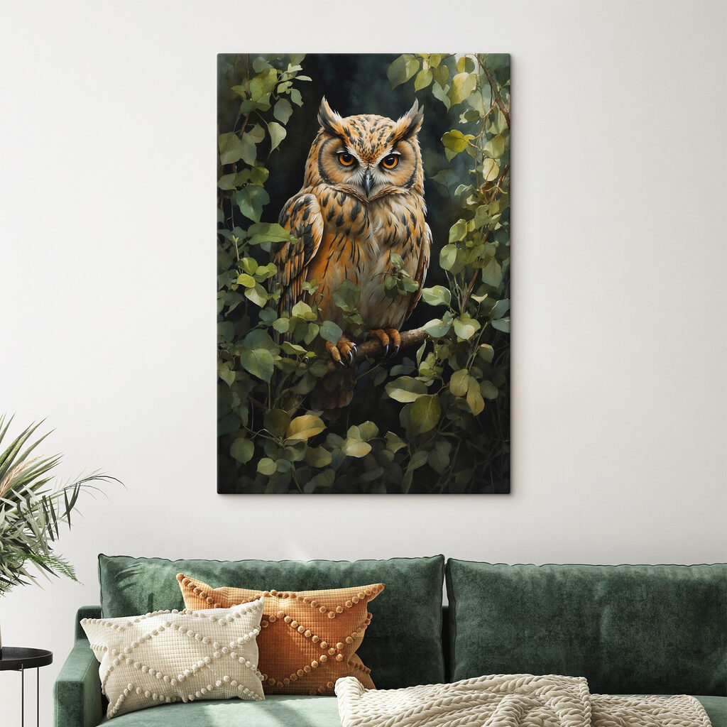 Coruja entre folhas verdes — interior 1