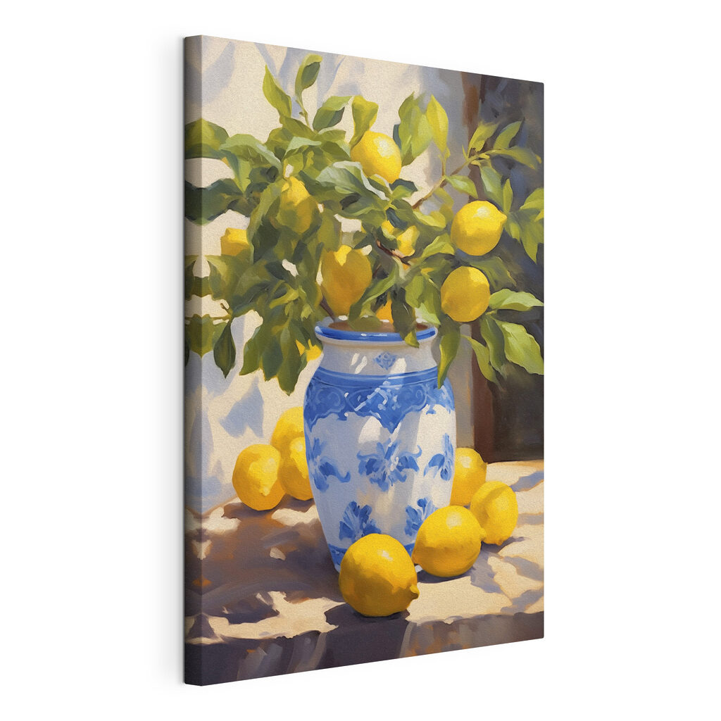 Limão em vaso azul, tela esticada e borda contínua