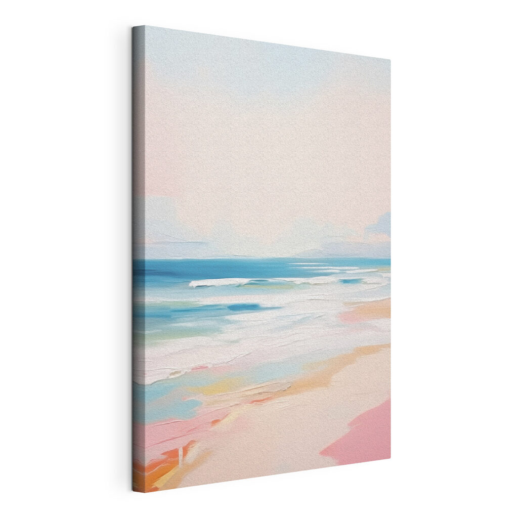 Praia em tons pastel, tela esticada e borda contínua