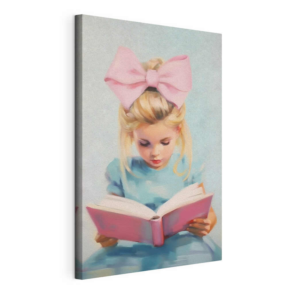 Menina com livro rosa, tela esticada e borda contínua
