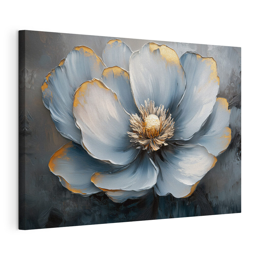 Flor azul com dourado, tela esticada e borda contínua