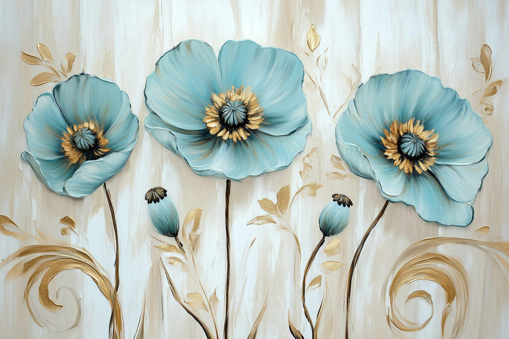 Flores azuis, hastes douradas — design completo
