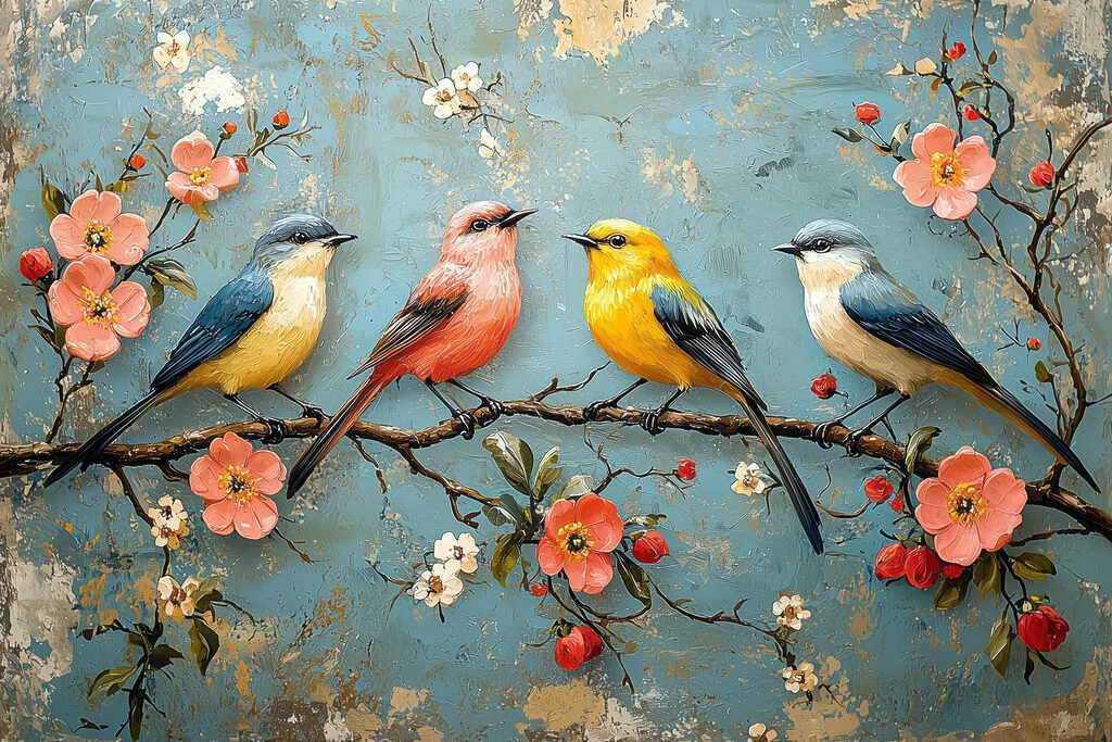 Aves em ramo florido — design completo