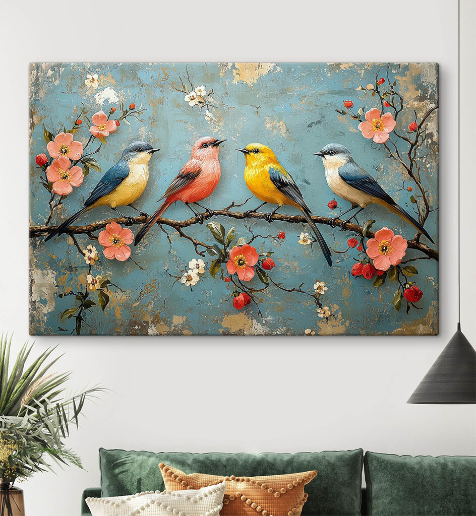 Aves em ramo florido num interior