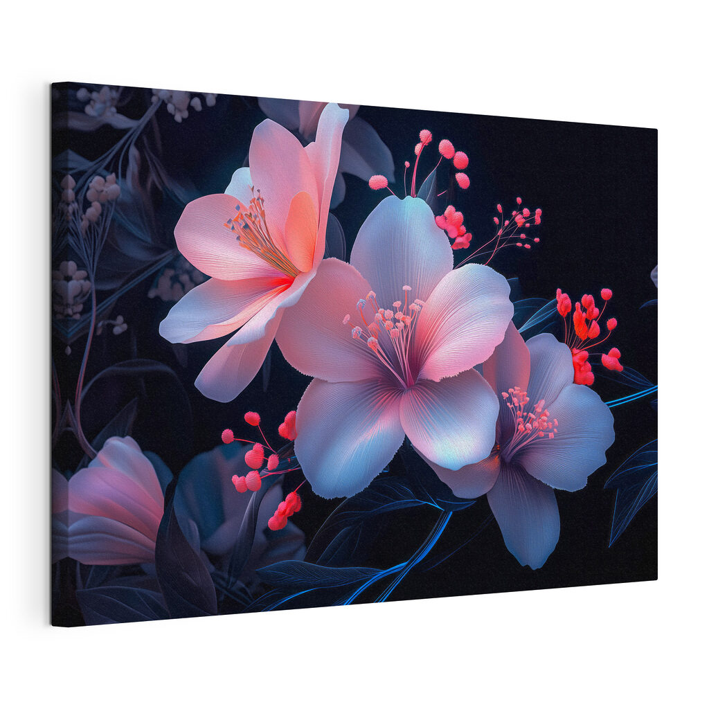 Flores em ramos noturnos, tela esticada e borda contínua