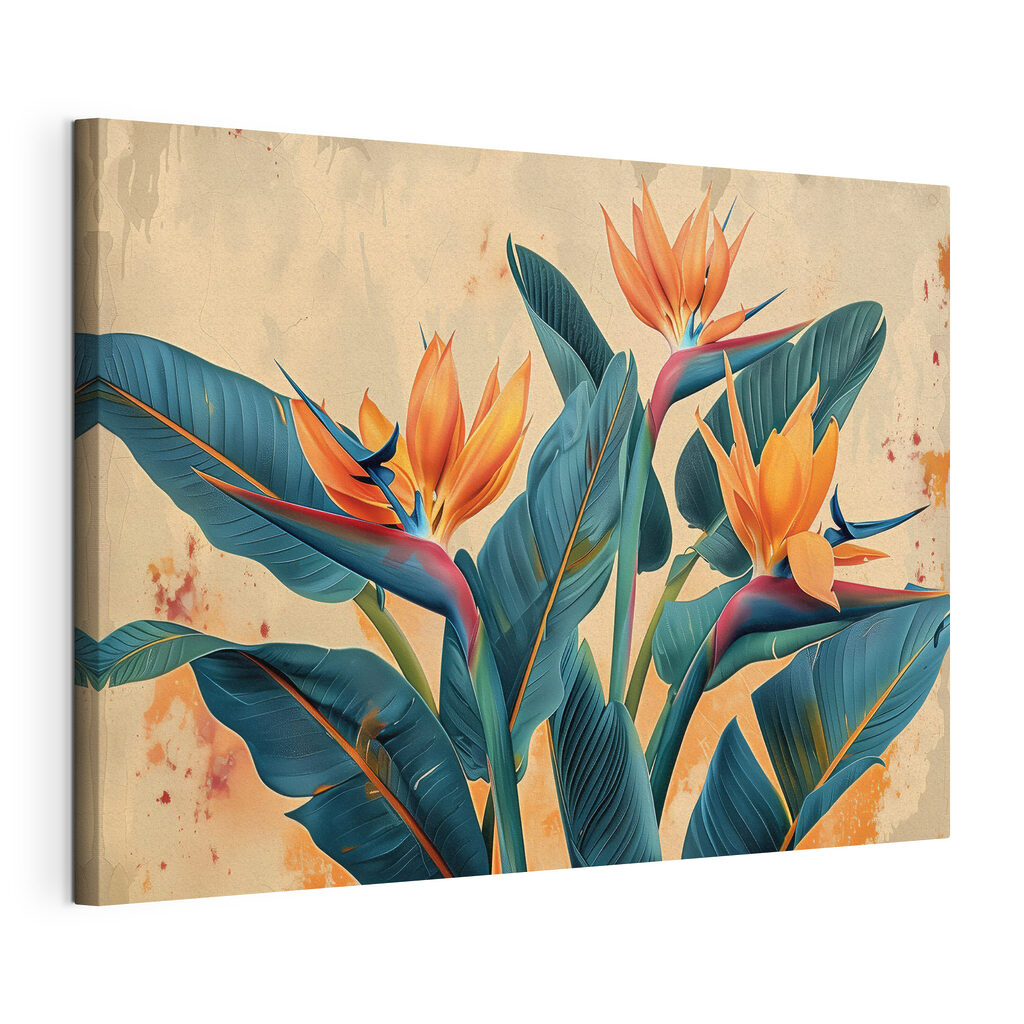 Flor-do-paraíso entre folhas, tela esticada e borda contínua