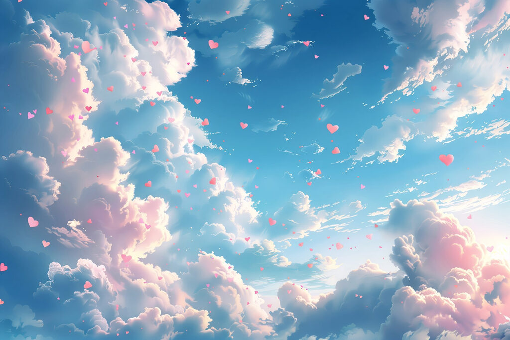 Corações entre nuvens rosa — design completo