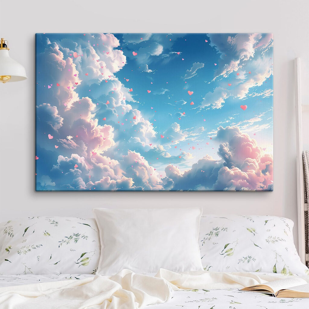 Corações entre nuvens rosa num interior