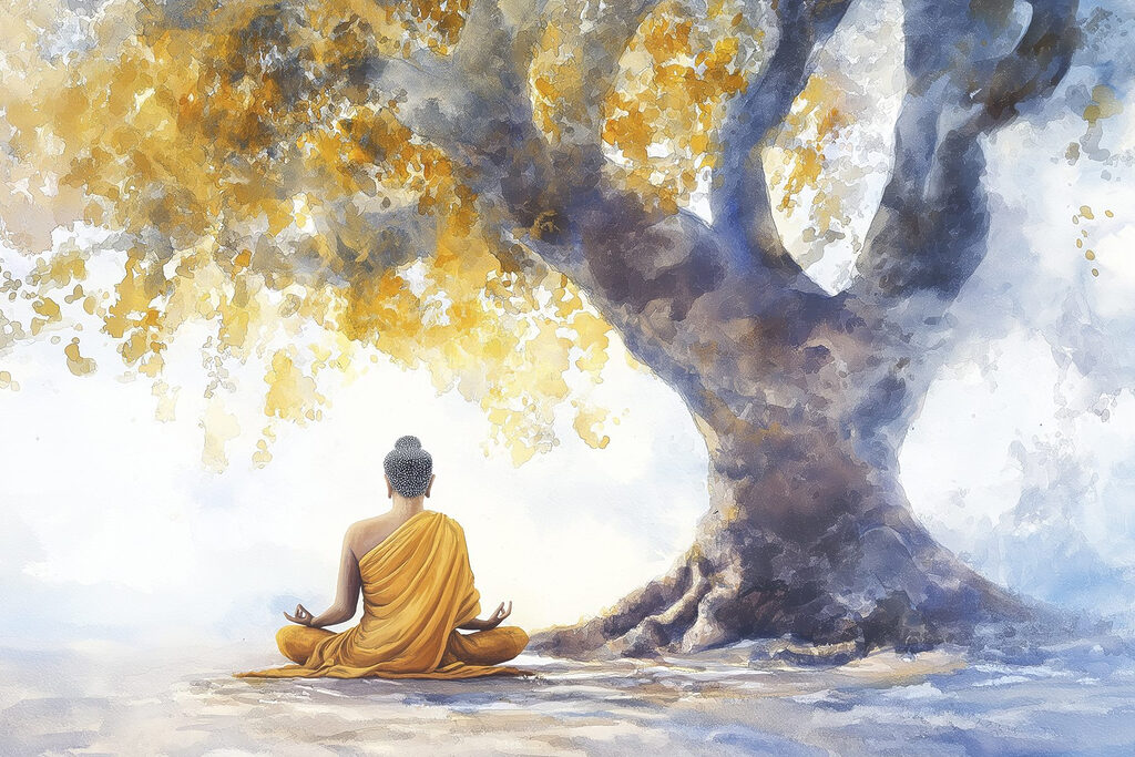 Meditação sob árvore dourada — design completo