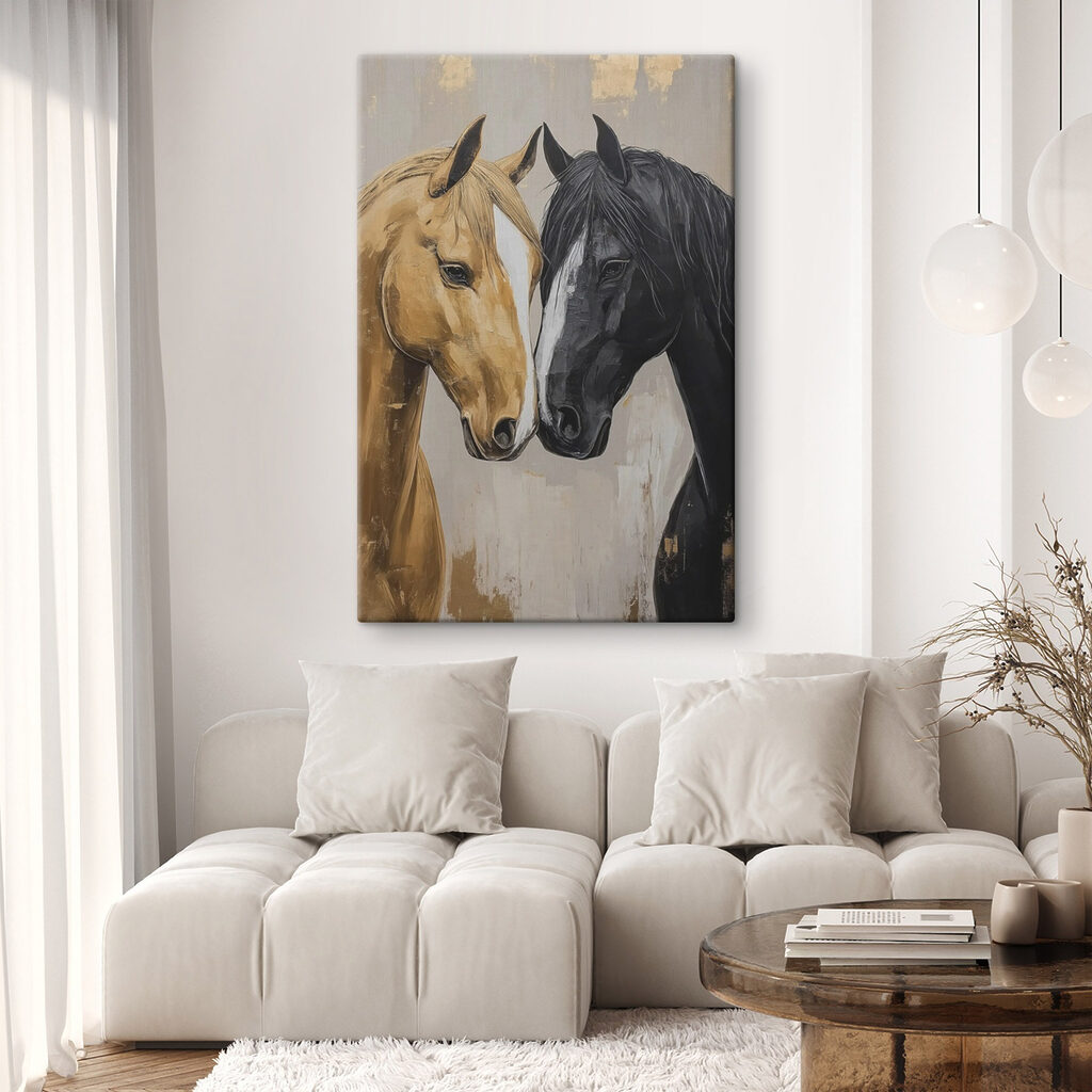 Cavalos que se tocam num interior