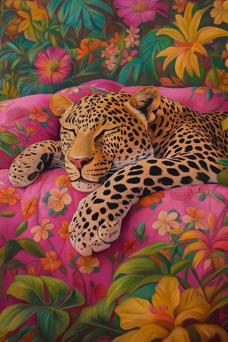Leopardo entre flores rosa — design completo