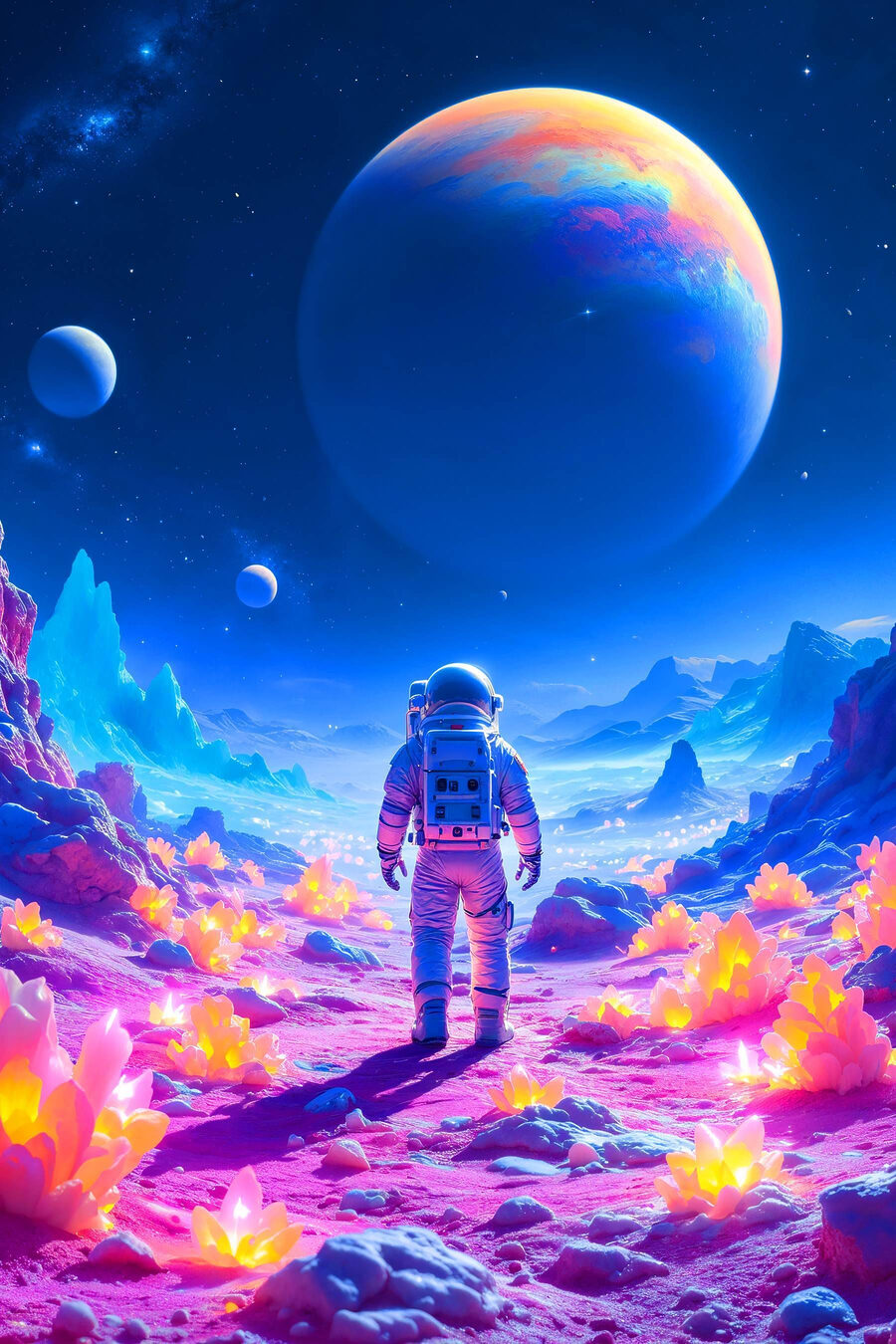 Astronauta em montanhas néon — design completo