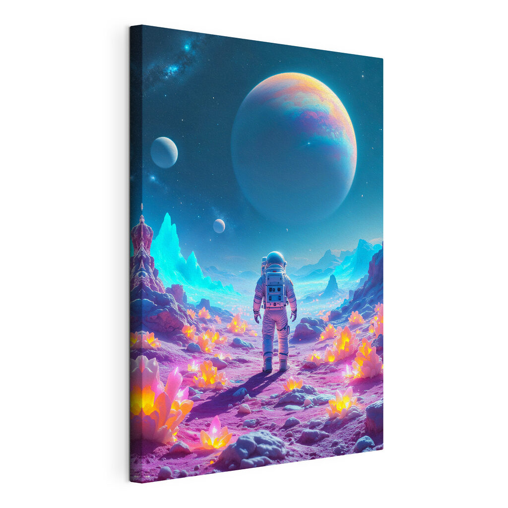 Astronauta em montanhas néon — vista do produto
