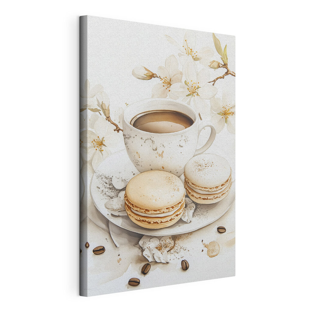 Café com flores brancas, tela esticada e borda contínua