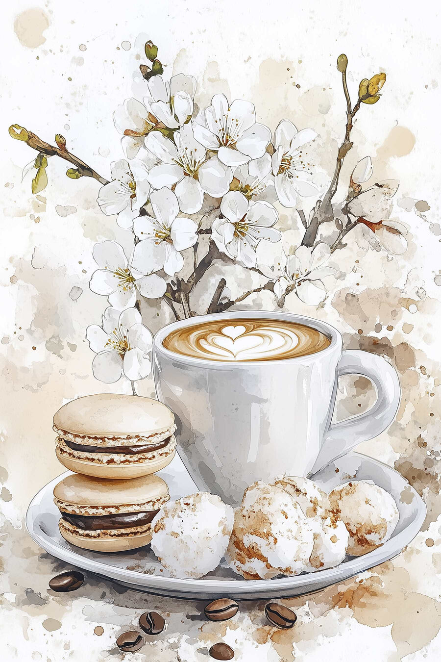 Cappuccino com flor branca — design completo