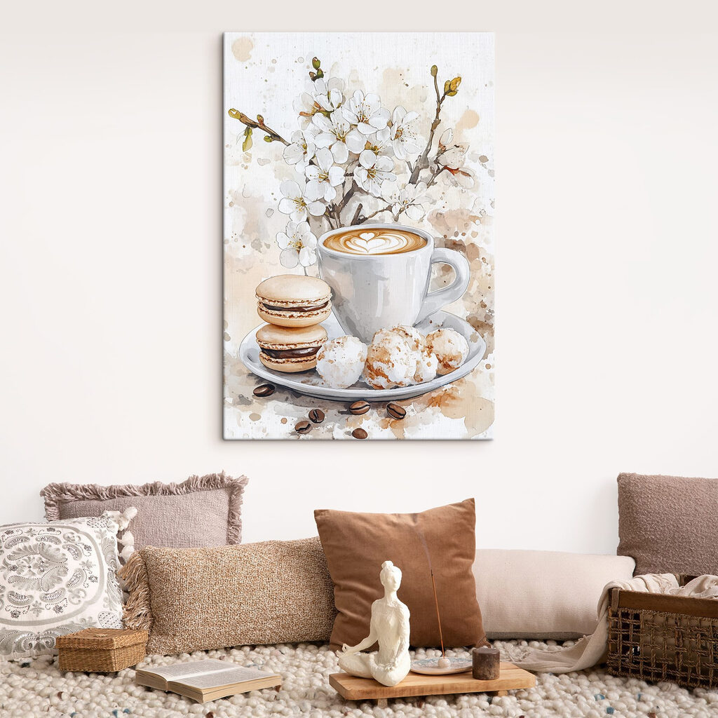 Cappuccino com flor branca num interior