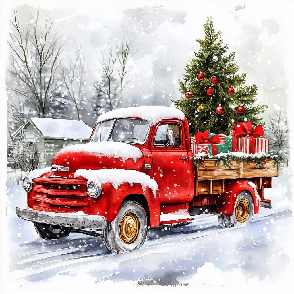 Pick-up vermelha na neve — design completo