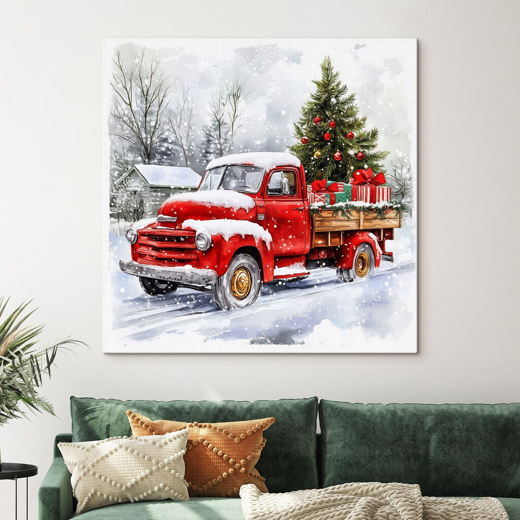 Pick-up vermelha na neve num interior