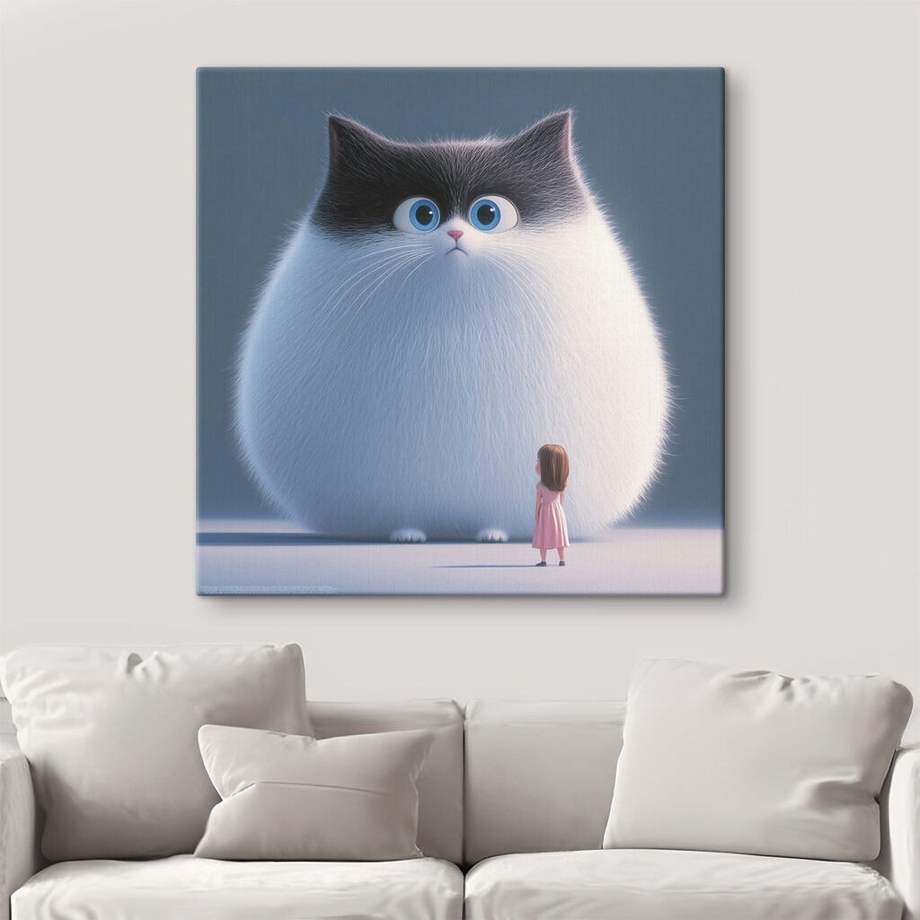 Menina e gato gigante num interior
