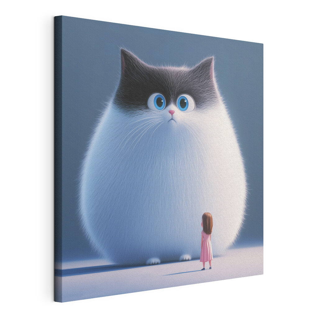 Menina e gato gigante, tela esticada e borda contínua