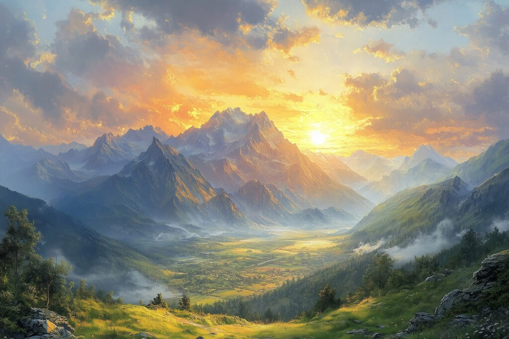 Sol dourado sobre montanhas — design completo