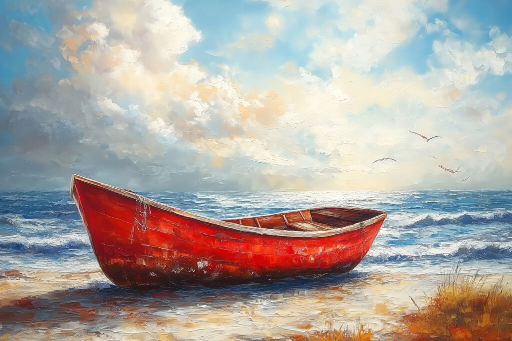 Barco vermelho na areia — design completo