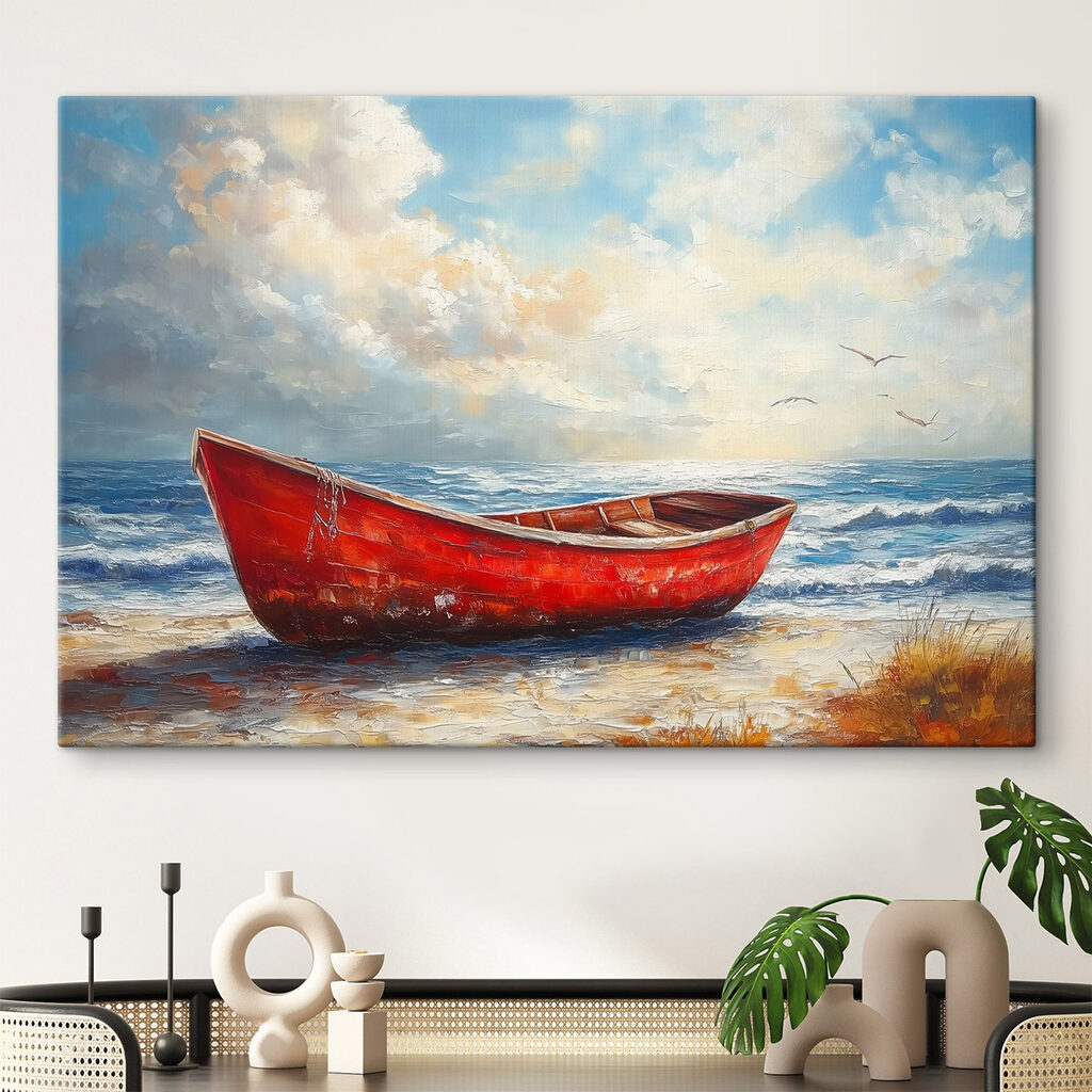 Barco vermelho na areia num interior