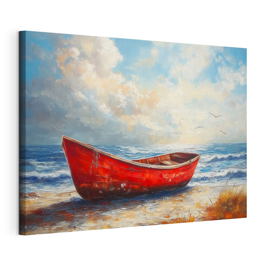 Barco vermelho na areia, tela esticada e borda contínua