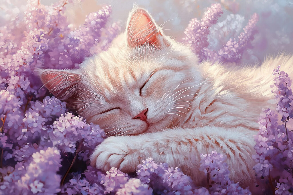 Gatinho entre flores lilás — design completo